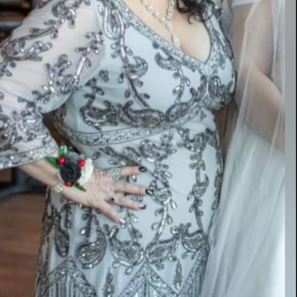 Silver Gray Women's Plus size 18 Dress Wedding Bridal Beaded Sequined Formal